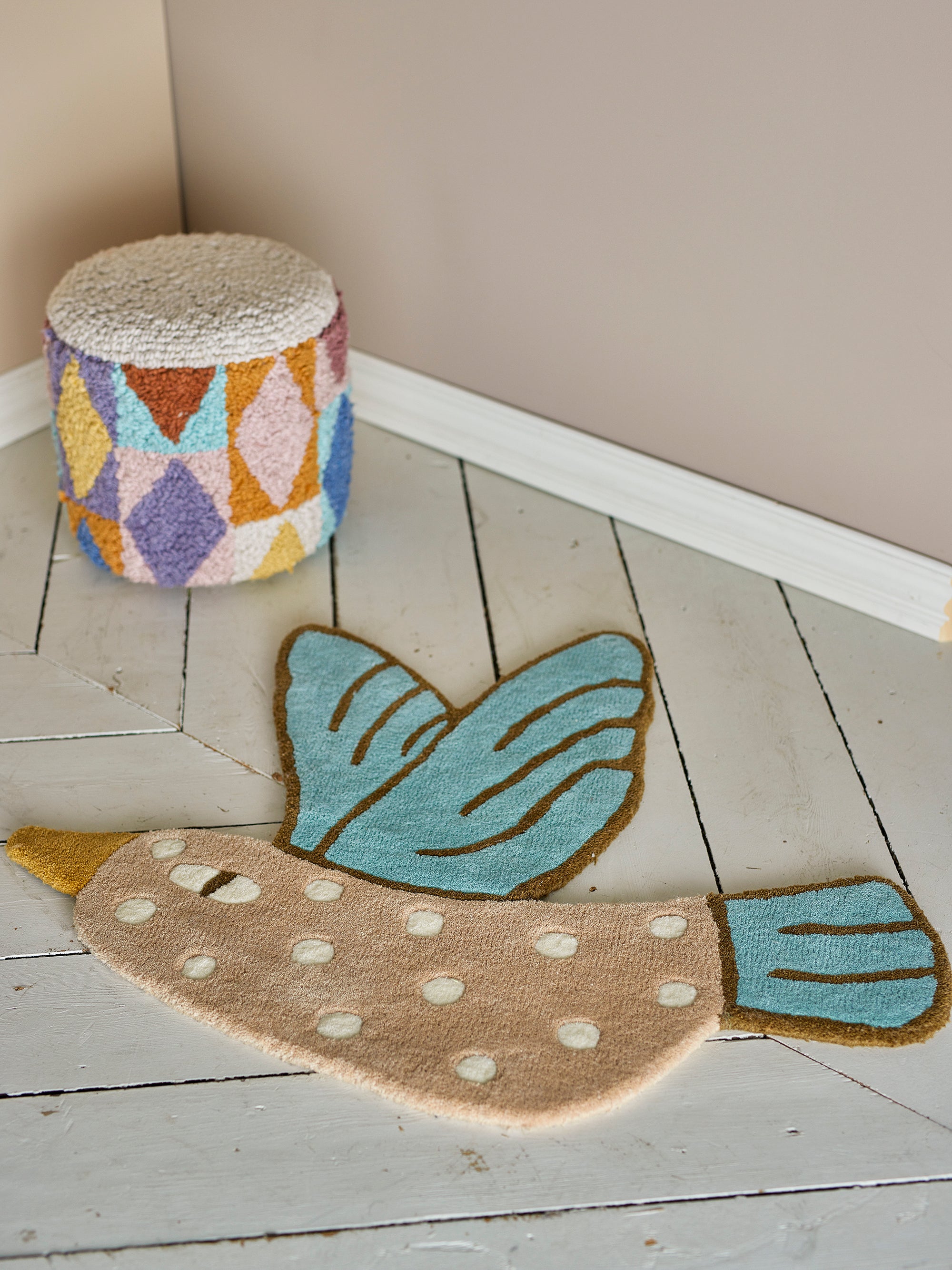 Bloomingville MINI Blue Jay Matta, Ull, 70x84cm, Blå/Beige